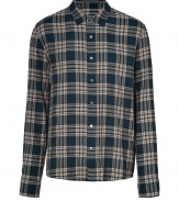 Work a rugged edge into casual cool looks with James Perses modern plaid shirt - Classic collar, long sleeves, buttoned cuffs, button-down front - Slim fit - Wear with jeans or chinos and bright desert boots