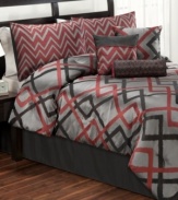 Modern stripes zig and zag in bold colors for a contemporary presentation in this jacquard woven Tihany comforter set. Comes complete with coordinating shams and decorative pillows.