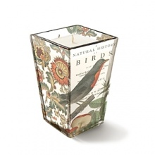 Fringe Madison Walnut Bird candle. Includes a long-lasting unscented candle in a trapezoidal glass candle holder featuring Victorian-era inspired vintage patterns and designs. Perfect for gift giving or personal use.