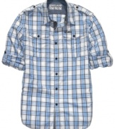 You'll be on a good style roll with this plaid workshirt with roll-tab sleeves from DKNY.