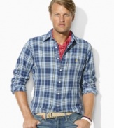 Cut for a relaxed, classic fit, a long-sleeved shirt is crafted in soft cotton twill with a handsome plaid pattern.