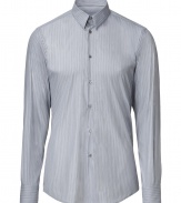 Elegant shirt  in a grey cotton blend - Fine stripes - Modern slim and fitted cut, with a small spread collar - Quite simple with no chest pocket - Particularly comfortable thanks to the stretch content - An all-rounder that is suitable for suits, jeans or corduroys - Perfect for leisure and the office