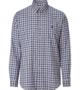 Classic blue and navy twill custom fit shirt - This slim tailored shirt is a great modern take on the traditional dress shirt - On-trend plaid pattern with small polo logo on chest - Pair with slim trousers, a blazer, and motorcycle boots for grunge-meets-preppy - Try with jeans and a chunky wool cardigan