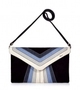 Luxe clutch in supple black and azure blue suede - Elegant, rectangular clutch style with envelope flap - Fashionable multicolor stripe motif - Slim, detachable shoulder strap takes the bag from day to evening - Interior zip pocket and magnetic closure - Sophisticated, sexy and on-trend - Pair with a cocktail dress or tuxedo suit