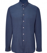 Infuse casual-cool into your off-duty look with this slim fit button down from PS by Paul Smith - Small spread collar, front button placket, button-detailed cuffs, rounded hem - Style with chinos, a V-neck cardigan, and slip-ons