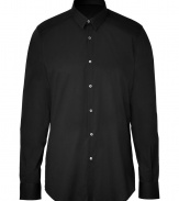 Achieve urbane sophistication in this slim fit shirt from Costume National - Small spread collar, button front placket, button-detailed cuffs, curved hem - Wear with sleek trousers, a leather jacket, and boots