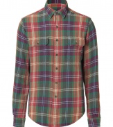 Inject rugged-cool style into your casual look with this plaid button down from Polo Ralph Lauren - Spread collar, front button placket, long sleeves, lap chest pockets, curved hem - Pair with jeans, chinos, corduroys, or shorts