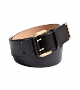 Pull together your look with a streamlined finish and wrap around Salvatore Ferragamos jet black calfskin belt - Gold-toned hardware - A sophisticated polish to casual jeans and dressy sheaths alike