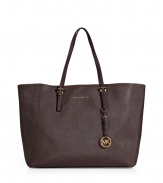 Elegant calf leather bag in rich, espresso brown - Sophisticated with simple, clean lines - Trendy shopper shape is spacious - Features two inside pockets, one lockable - Two thin, adjustable handles with gold-colored buckles - Michael Kors logo and charm - Perfect bag of work, school and errands