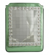 With its eye-catching metallic leather and cool mirrored silver front, Sara Battaglias iPad sleeve is a statement way to tote around your favorite tech accessory - Metallic mint green sleeve with tonal leather embossed logo patch on back, mirrored silver leather tiles on front with silver-toned metal studs, green satin lining - A contemporary choice perfect for stashing away in oversized totes yet cool enough to carry alone