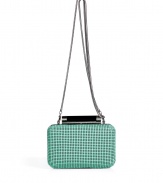 Hard-edge elegance gets an impossibly modern twist in Diane von Furstenbergs petite clutch, finished to perfection in cool mint chain mail - Metal frame, hinged top closure, removable snake-chain shoulder-strap, inside back wall slot pocket - Pair with cocktail dresses and statement pumps