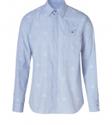 Classic yet contemporary with its allover dot patterning, Marc by Marc Jacobs powder blue shirt is a cool choice for dressing up modern city looks - Classic collar, long sleeves, buttoned cuffs, buttoned chest pocket, hidden front button placket - Slim fit - Wear with tailored trousers and sleek leather lace-ups