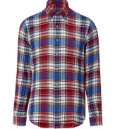 Classic red and blue ski plaids custom fit shirt -This slim tailored shirt is a great modern take on the classic dress shirt - On-trend plaid pattern with small polo logo on chest - Pair with slim trousers, a blazer, and motorcycle boots for grunge-meets-preppy - Try with jeans and a chunky wool cardigan