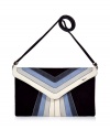 Luxe clutch in supple black and azure blue suede - Elegant, rectangular clutch style with envelope flap - Fashionable multicolor stripe motif - Slim, detachable shoulder strap takes the bag from day to evening - Interior zip pocket and magnetic closure - Sophisticated, sexy and on-trend - Pair with a cocktail dress or tuxedo suit