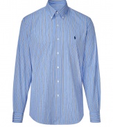 Classic blue and royal stripe poplin custom fit shirt Polo Ralph Lauren - This preppy-cool button down shirt is a wardrobe must-have - Button front closure, button down collar, distinctive Polo logo on chest - Style with khakis and loafers