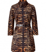 Luxurious, stylish short coat in trendy, sophisticated animal printed cotton - Classic collar, double-breasted button-down front, bracelet-length raglan sleeves - Wonderfully feminine silhouette, slightly flared, narrow waist with dark brown leather belt - Looks great with a multitude of outfits including slim jeans, pant suits and heels or a cocktail dress and sandals