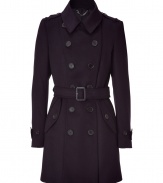 Immaculately tailored and ultra-luxe, this double-breasted coat from Burberry London will bring high style to your fall style - Spread collar, epaulets, long sleeves with belted cuffs, double-breasted front button placket, hip flap pockets, belted waist - Wear with an elevated jeans-and-tee ensemble or a cocktail-ready sheath