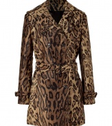 With a classic trench-inspired styling, this bold leopard printed coat from Paul & Joe imparts standout style to any look - Notched lapels, epaulets, long sleeves with belted cuffs, double-breasted, front button placket, belted waist, slit pockets, back vent, all-over leopard print - Style with a jeans-and-tee ensemble or a figure-hugging sheath dress