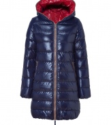 Stay warm while maintaining your impeccable style in this sporty, lightweight down jacket from Duvetica - Hooded, front zip closure that extends to the hood for decorative effect, long sleeves, zip pockets, quilted, mid-thigh length - Wear with an elevated jeans-and-tee ensemble and shearling lined boots