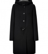 Timeless classic styling gets a sleek luxe finish in Jil Sanders virgin wool hooded coat, finished with toggle closures for streamlined modernity - Hooded, button and toggle closures, side slit pockets, houndstooth lining, relaxed slim fit - Pair with jeans, tailored trousers, and fitted knit dresses