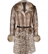 Prowl the urban jungle in ultra luxe style in Philosophy di Alberta Ferrettis exquisitely styled animal print fur coat, complete with dramatic trim for maximum impact - V-neckline, long sleeves, contrast fur collar and cuffs, belted waistline - Tailored fit - Pair with tailored sheaths and jet black accessories