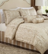 A gorgeous arrangement for a statement-making look, this jacquard woven Symphony comforter set showcases a luminous color scheme and elegant flourish design. Striped accents and decorative twisted cord finish the look.