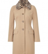 This classic camel coat from Moschino C&C gets a stylish kick with a fierce faux-fur leopard print collar - Large leopard print spread collar, front button placket, long sleeves, flap pockets at hips, tailored silhouette - Wear with a sheath dress and heels or an elevated jeans-and-tee ensemble and high heel booties