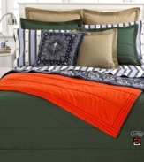 Smart and stylish, the sporty Tate comforter from Lauren by Ralph Lauren offers two ways to get cozy. Use on the bed as a reversible comforter, or zip to create a sleeping bag! Featuring engineered quilting with a functional zipper on 3 sides. Patch on nylon front.