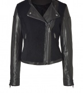 With classic biker styling, this luxe leather combo jacket is the perfect transitional season outfit topper - Round neck, asymmetrical zip closure, optional fold-over lapels, shearling panels, zipper pockets and cuffs, fitted silhouette - Style with skinny jeans or cropped trousers and ankle boots