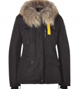 Stay warm in style with this chic down jacket from Parajumpers - Fur-trimmed collar, long sleeves with ribbed cuffs and logo at shoulder, concealed zip closure, flap pockets, back zipper details with dual back vent, water resistant, slim fit - Style with skinny jeans, a cashmere sweater, and shearling boots