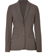 Elegant and understated blazer in mocha-brown wool - Hint of stretch creates a flattering fit - Fitted with moderately deep lapels, two-button front and three flap pockets - Great for daytime with jeans and heels, or with a pencil skirt or matching pants for a professional office look