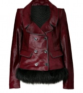 Exquisitely luxurious in glamorous dark ruby haircalf, Roberto Cavallis fur trimmed jacket radiates impossibly contemporary-chic results - Notched lapel, long sleeves, double-breasted buttoned front, flap pockets, black leather trim, black fur trimmed hemline, quilted silk lining - Tailored feminine fit - For an ultra glamorous finish, pair with jet black separates and stand-out statement accessories