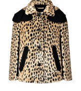 Add a dose of high-octane glamor to your look with Juicy Coutures super soft faux-fur cape, detailed in an eye-catching cheetah print guaranteed to make an impact - Softly rounded spread collar, button-down front, removable hood, black wool-blend trim, side slit pockets, draped sides with arm openings - Draped feminine fit - Layer over coated skinnies and tees, and finish with statement moto boots