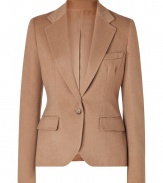 Crafted in camel hair for an exquisitely elegant look, Ralph Laurens classic blazer lends a chic and sophisticated polish to any outfit - Notched collar, long sleeves, buttoned cuffs, single buttoned front, flap pockets, back vent - Tailored fit - Wear with everything from jeans and loafers to sleek button-downs and statement chunky jewelry