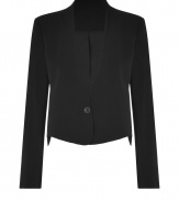 Modernized with a rounded asymmetrical hemline, this collarless jacket from Theyskens Theory puts a dramatic spin on workweek chic - Collarless, long sleeves, single button closure, on-seam side pockets, padded shoulders - Sharply tailored fit - Wear with tees and jeans, or over sleek sheath dresses