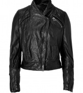 Luxe, fine-patterned leather - Feminine interpretation of the narrow, short biker cut - Covered asymmetric zipper and short stand collar - Long arms with wrist zippers - Decorative, exposed zipper at back - Must-have jacket to bring style to chic or casual outfits day and night