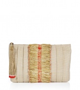 Elevate your cocktail-ready look with this ethnic-inspired clutch from cult favorite accessory designer Anya Hindmarch - Pleated straw with front raw raffia with bead detailing and logo, top zip closure with beaded tassel - Perfect for cocktails or a night out on the town