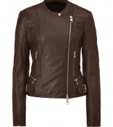 Supple leather and a flattering feminine cut adds stylish depth to this chic motorcycle-inspired leather jacket from Closed - Stand collar, asymmetrical side zip closure, multiple zip pockets, buckle detailing at waist - Quilted details at shoulder, arms, and back peplum, zipper cuffs, slim fit - Style with high-waisted skinny jeans, a high-low hem tee, and peep-toe booties