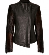 With its cool mix of lambskin and sleek fur sleeves, Helmut Langs deep carmine-tinted jacket radiates the brands modern-minimalist aesthetic with an ultra luxe edge - Short stand-up collar, long sleeves, off-center front zip, asymmetrical front hemline, fitted - Pair with leather leggings and studded ankle boots for a rocker-chic finish, or amp up tailored business looks with a pencil skirt and platform pumps