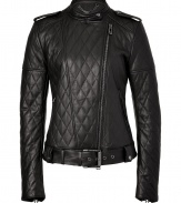 A luxe iteration of the classic biker jacket, this quilted version from Belstaff is a must-have new season favorite - Stand collar, epaulets, asymmetric front zip closure, long sleeves with zip cuffs, belted waist, all-over quilting and seaming - Wear with an elevated jeans-and-tee ensemble or a casual cocktail look