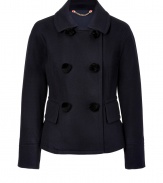 Tailored to perfection and finished with fun pom-pom snaps, Marc by Marc Jacobs navy pea coat is a chic take on timeless sophistication - Spread collar, long sleeves, double-breasted snapped front, black pom-poms, flapped pockets, pleated back with off-center vent - Tailored fit - Wear with trend-favorite printed pants and lace-up wedges