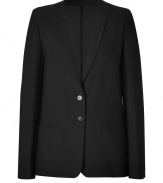 A contemporary take on the timeless black blazer, Vanessa Bruno Ath?s collarless version is a chic wardrobe staple essential for fashion-forward looks - Collarless with a dropped single lapel, long sleeves, buttoned cuffs, double buttoned front, slit pockets, back vent - Contemporary straight fit - Wear with tissue tees, jeans and flats, or dress up with feminine printed separates and chic nude accessories