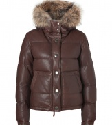 Stay warm in sporty luxe style with this fur trimmed leather parka from Parajumpers - Fur trimmed hood, concealed front zip closure, front snap closures, long sleeves with logo at shoulder, snapped cuffs, snapped pockets, drawstring hemline, water resistant lining, quilted down lining - Cropped, fitted silhouette - Style with skinnies, a cashmere sweater, and shearling boots