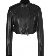 Inject tough-girl cool into your outerwear wardrobe with Belstaffs ultra chic cropped leather biker jacket - Snapped stand-up collar, long sleeves, zippered cuffs, off-center front zip, snapped front panel, epaulettes, zippered slit pockets, belted sides - Cropped close fit - Team with everything from classic knits and jeans to feminine dresses and combat boots