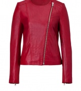 Exquisitely soft in understated modern matte bordeaux coloring, Paul & Joe Sisters lambskin jacket is a modern luxe essential you cant live without - Collarless, long sleeves, zippered cuffs, double zippered layered front, side slit pockets - Tailored fit - Team with pencil skirts, blouses and pumps, or layer over tissue tees with favorite skinny jeans