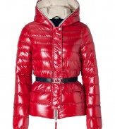 Sporty and sleek, this belted down jacket from Duvetica is a cold weather must-have - Cozy lined hood with decorative zipper trim, concealed two-way zip front closure, long sleeves, flap pockets, elasticized belted waistline, quilted - Slim fit - Wear with an oversized pullover, leather leggings or skinny jeans, and booties