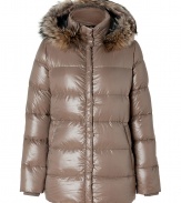 Stay warm while maintaining your impeccable style in this lightweight yet luxe down jacket from Duvetica - Fur-lined hood, front two-way zip closure, long sleeves, zip pockets, quilted - Modern straight fit - Wear with knit pullovers, jeans and weather boots