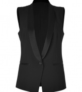 Add a glamorous menswear-inspired edge to any outfit with DKNYs jet black tuxedo-style vest - Satin shawl collar, single button closure, satin trimmed slit pockets, slight high-low hemline - Tailored fit - Wear with a sleeveless shift and statement heels to cocktails