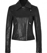 Luxe in leather with cool micro quilting, Theyskens Theorys jet black jacket counts as a must for urbane looks - Notched collar with off-center zipper, long sleeves, zippered cuffs with leather insert, zippered slash pockets, quilted side detail, micro quilted hemline - Close, cropped fit - Wear over everything from tees and jeans to sheath dresses and heels