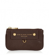 Add luxe style to the everyday with this leather key pouch from Marc by Marc Jacobs - Rectangular shape with round edges, top zip closure, front logo with gold-tone hardware, internal key ring detail - Perfect for daily use or as a thoughtful gift